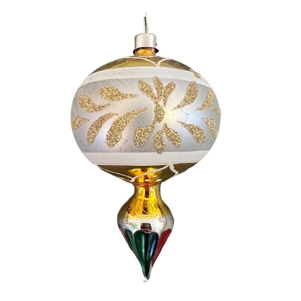 Rainbow Drop Glass Christmas Ornament Gold Glitter Design Vintage